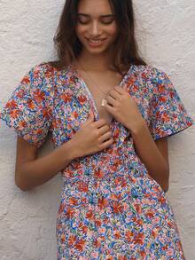 Allover Tiny Ditsy Floral Cutout Neck Bohemian Vacation Dress Elegant Summer - Multicolor - View 3