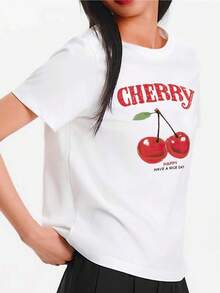 Women's White T-Shirt, Casual Short-Sleeved T-Shirt, Round Neck, Cherry Print, Casual Spring And Summer Wear,  Blouse, Casual Fit T-Shirt Style - 白色 - 查看 3