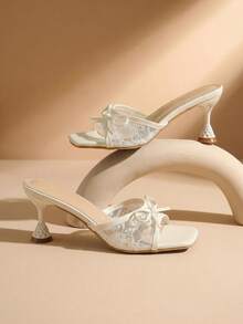 Women's High Heel Sandals, Lace Mesh Design With Bow Decor, White High Heels, Stiletto Mule Slippers, Cute & Sweet, Gentle Style, Suitable For Daily, Party, Vacation, Wedding, Commute, Live Streaming - White - View 4