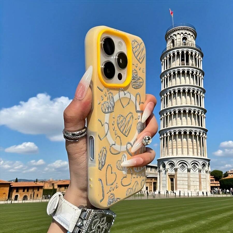 Phone Case - A Phone Case With A Full-Screen English Heart Design, Featuring A Minimalist Macaron Color And A Jelly-Like Texture, Combines Magnetic Wireless Charging. Perfect For Halloween, New Year, Christmas - 黃色 - 查看 1