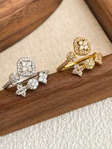 1 pieza Anillo de banda de eternidad con trébol de cuatro hojas y flor estrellada de estilo vintage francés de acero inoxidable, estilo minimalista de lujo para mujer - Anillo en U - Ver 22