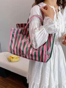 Fashionable College Style Large Capacity Tote Bag - Lightweight PVC And Kraft Paper Material, Hook And Loop Closure Design, Women's Fashion - Multicolor - View 3