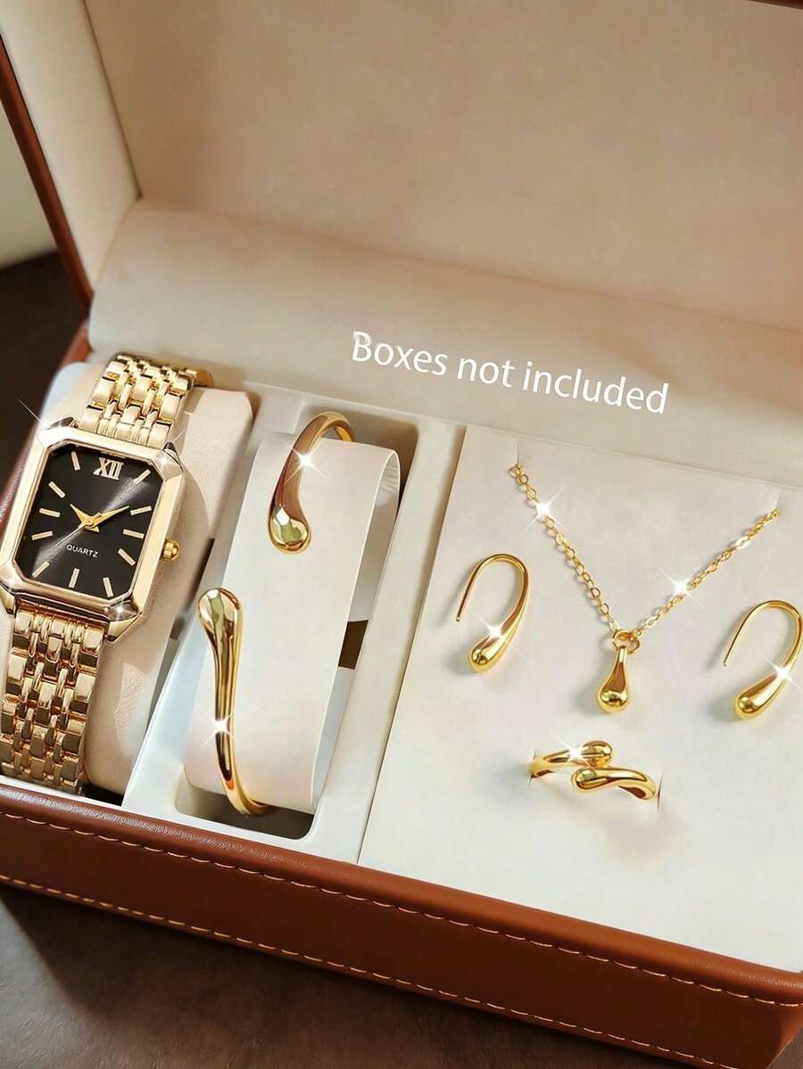 6件組女士奢華金色飾品套裝,包含羅馬數字小方錶、水滴形手鍊、項鍊、耳環與戒指。全套由金色合金製成,散發溫柔高貴氣息。方錶盤配羅馬數字刻度,復古專業,配件線條流暢簡約,適合日常通勤 - 金色 - 查看 1