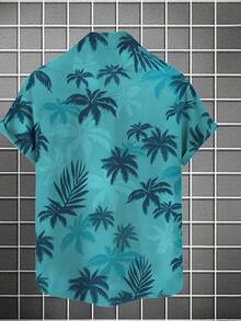 Men'S 3D Plant Print Polyester Hawaiian Shirt Summer Beach Short Sleeve Vintage Floral Casual Regular Fit Breathable Comfortable - 青色 - 查看 2