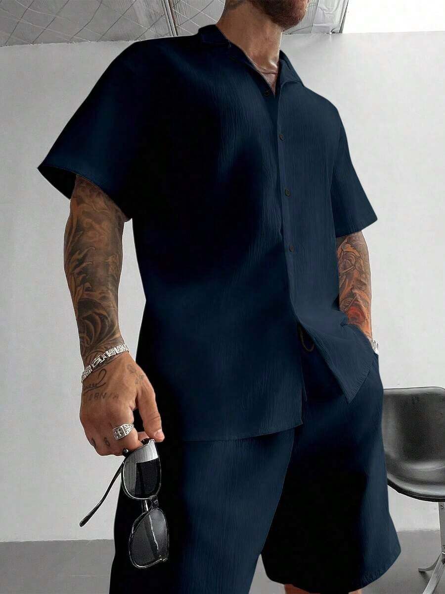 Set de 2 piezas Conjunto de verano para hombres, camisa de lino cubano ligera y transpirable y conjunto de pantalones cortos con cordón, estilo caballero vintage casual para playa, boda, fiesta, vacaciones, regalo del Día del Padre para esposo, papá, novio, cómodo y versátil - Marrón - Ver 1
