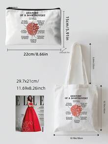 1pc Anatomy Of A Booktrot Canvas Tote Bag, "Would Rather Be Reading" Design With Brain Heart Book Lover Traits, White Bookworm Humor Bag For Library School Commute, Gifts For Readers Book Lovers Women Men - Multicolor - View 6