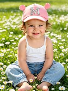 1 pieza Gorra de béisbol con orejas de oso lindo para niñas pequeñas con decoración de 26 letras, perlas y strass, protección solar, para 1-3 años, uso al aire libre y diario - Rosa - Ver 3