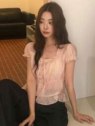 Korean Style Summer French Sweet Youthful Gentle Frill Trim Pleated Waist Short Sleeve Chiffon Blouse Tops Pink