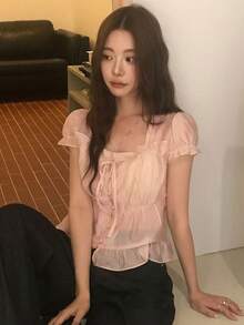 韓式夏季法式甜美青春溫柔風荷葉邊裝飾百褶腰短袖雪紡上衣 粉色 - 粉色 - 查看 1