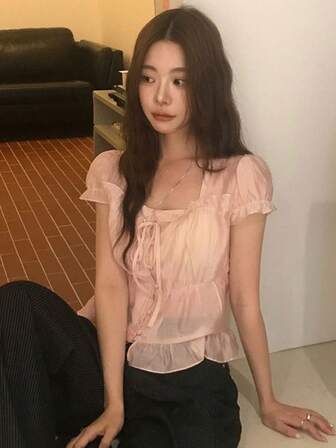 Korean Style Summer French Sweet Youthful Gentle Frill Trim Pleated Waist Short Sleeve Chiffon Blouse Tops Pink