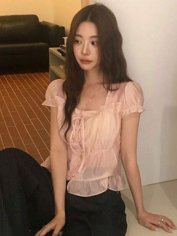 韓式夏季法式甜美青春溫柔風荷葉邊裝飾百褶腰短袖雪紡上衣 粉色