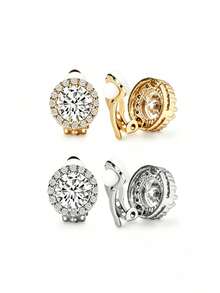 2pcs Round Men's Cubic Zirconia Ear Clips, Gold/Silver Color Options, Hip-Hop Cowboy Style, Suitable For Party/Bar/Daily Wear - Round Ear Clips - View 2