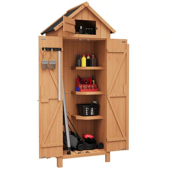 Waterproof Wooden Wardrobe Cabinet with Lockable Doors – 3 Adjustable Shelves & Roof Storage – 70" Tall Multi-Shelf Outdoor Storage for Patio, Garden, Balcony, or Lawn – Ideal Bedroom Furniture