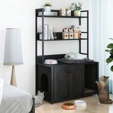Large Cat Litter Box With Storage Shelf, Concealed Cat Toilet Unit, Wooden Cat House With Scratching Post, Sturdy 2-Door Pet Furniture For Odor Control, Black - one-size - View 3