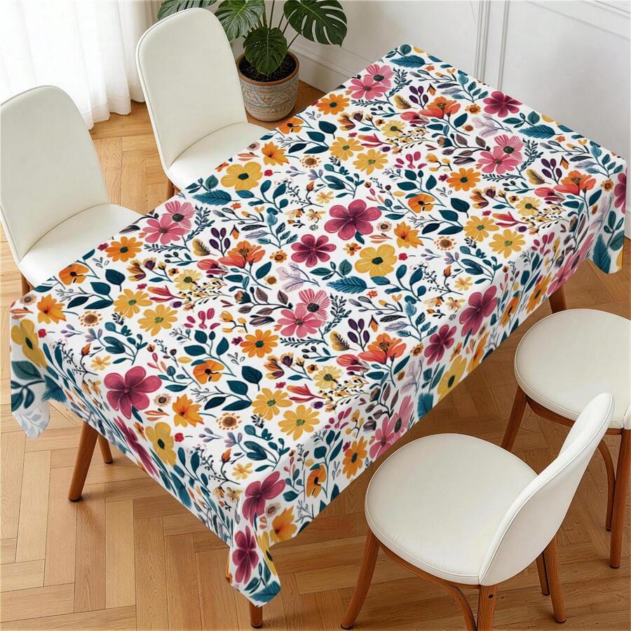 1pc Rectangular Polyester Tablecloth, Floral Pattern, Single-Sided Printing, Suitable For Tabletop, Washable And Reusable, Applicable For Indoor, Outdoor, Patio, Wedding, Party, Dining, Craft Exhibition, Banquet Decoration - Multicolor - View 1
