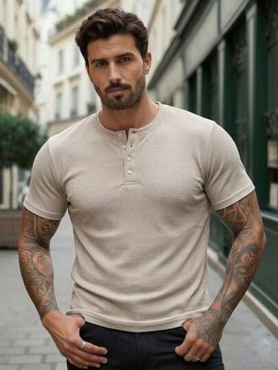Men's Casual Ribbed Short-Sleeve Textured Henley Shirt