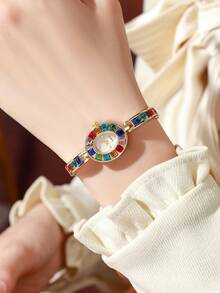 2pcs/Set Women's Luxury Colorful Crystal Quartz Bracelet Watch + Colorful Braided Bracelet, Watch Not Included - Gold - View 3