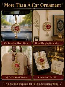 Adorno colgante para espejo retrovisor de coche con caligrafía islámica y media luna, colgante religioso musulmán con strass, 3 colores disponibles, regalo perfecto para conductores musulmanes - A - Ver 4