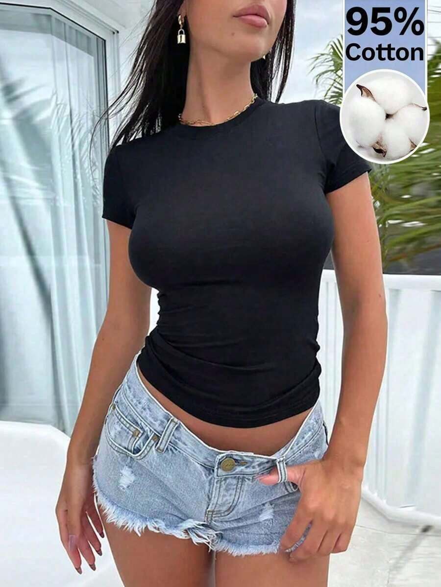 Women's Slim-Fit T-Shirt, Pleated And Solid ColorBreathable And Comfortable - 黑色2 - 查看 1
