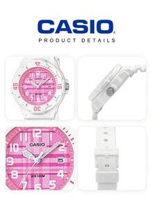 CASIO 女款學生防水運動手錶，白色錶殼搭配粉色格紋錶盤，極簡石英腕錶，適合中學生與高中女生，戶外、游泳、百搭、清新，白色手錶，禮物 - 白色 - 查看 5