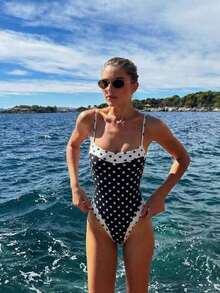 Traje de baño de una pieza con cuello cuadrado y tirantes anchos, efecto estilizante que resalta las curvas del Body, estilo de playa de moda para vacaciones - Blanco y Negro 3 - Ver 5