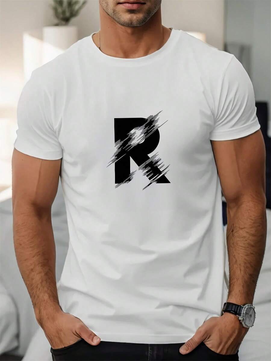 Men's Casual Summer Crew Neck T-Shirt With R Print - White - View 1