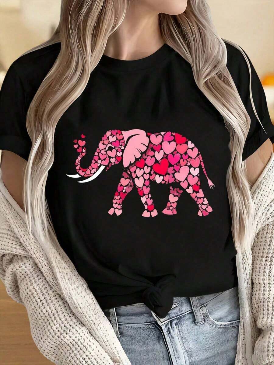 Women's Short Sleeve Crew Neck T-Shirt, Valentine's Day T-Shirt With Elephant Design Made Of Hearts For Women, Adorable Animal Design, White Crew Neck Top, Fun Print For Valentine's Day, Suitable For Christmas Parties, Sports Activities, Holiday Outings, Dates, Sports, Daily Leisure, Holiday Gift Occasions, Soft. - 黑色 - 查看 1