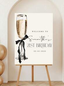 1pc Customizable Champagne-Style Birthday Welcome Sign, Customizable Name And Date, Elegant Black Bow Design, Suitable For 21st/30th/40th Birthday Party Decor, Home Decor, Party Decoration, Aesthetic Home, Yard Sign - Multicolor - View 4
