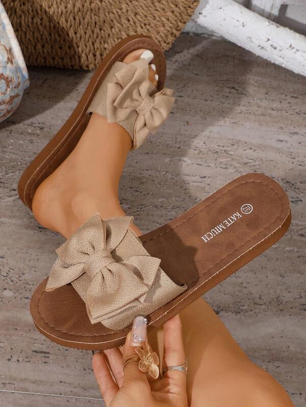 Retro Chiffon Bow Tie Flat Sandals, Women's Faux Leather Slip-On Slippers, Versatile For Summer Dates, Beach Vacations