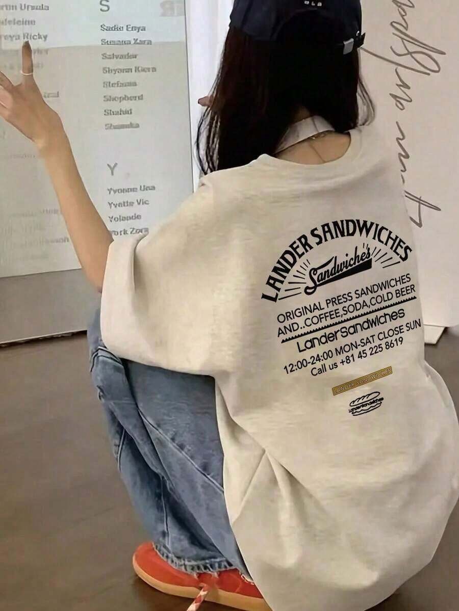 レディース カジュアル ラウンドネック ルーズフィット レター&カートゥーン フード プリント 半袖Tシャツ、和風、春夏 - ライトグレー 2 - チェックする 1