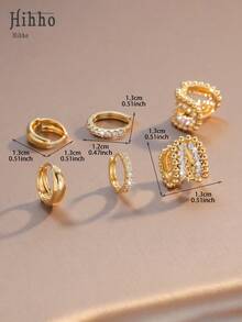 Hihho 3 Pairs Hoop Earrings Set, Golden Bead Ring Design, Densely Embedded Luxury Rhinestones, Fashion Minimalist, Suitable For Casual And Gentle Outfit, Versatile For Daily Wear - Gold - View 6