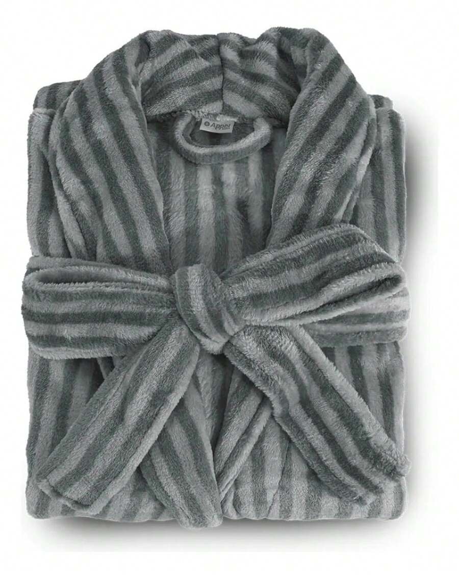 Appel Plush Flannel Bathrobe - Super Comfortable - Gray Striped - View 1