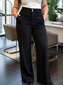 HOMEYEE Plus Size Elegant Black Wide Leg Suit Pants, With Pockets, Fashion Casual Knit Pants Fall - Black - View 1