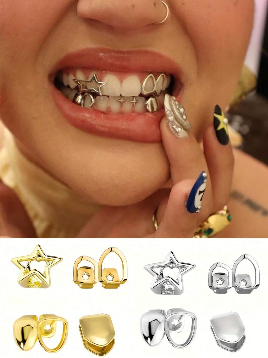 4pcs Iced Out Teeth Gap Filler Grillz Sterling Silver 14K Gold Plated Diamond/Colored Gemstone Cap Hip Hop Accessory Unisex Statement Jewelry - Multicolor - View 1