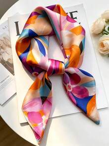 Pañuelo de seda de satén con estampado floral de 70x70cm, estilo artístico, patrón de flores abstractas multicolor vibrante, envoltorio multiusos para cuello y cabeza - Multicolor - Ver 5