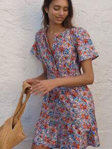 Allover Tiny Ditsy Floral Cutout Neck Bohemian Vacation Dress Elegant Summer - Multicolor - View 2