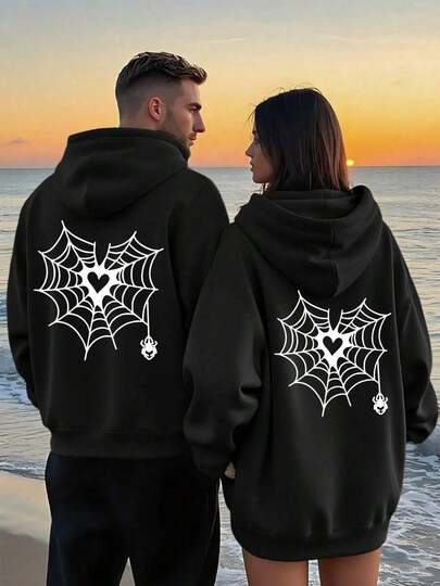 Sudaderas a juego para parejas - Sudadera con capucha negra con estampado de corazón gótico espeluznante y telaraña con araña colgante para novio y novia, sudadera con capucha atrevida para parejas en Halloween para fiestas.