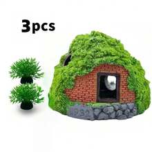 3pcs Set Double-Layer Moss Cottage With 2pcs Seaweed, Realistic Resin Cave Hideout With Multi-Entrance Design, Natural Landscape Aquarium Decor Suitable For Betta Fish And Small Ornamental Fish - A - View 10