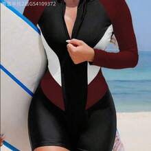 Soqi Women's Clothing 1 pieza Traje de baño de una sola pieza para mujer, estilo casual vacacional en la playa con bloqueo de color, manga larga y cremallera - Burdeos - Ver 1