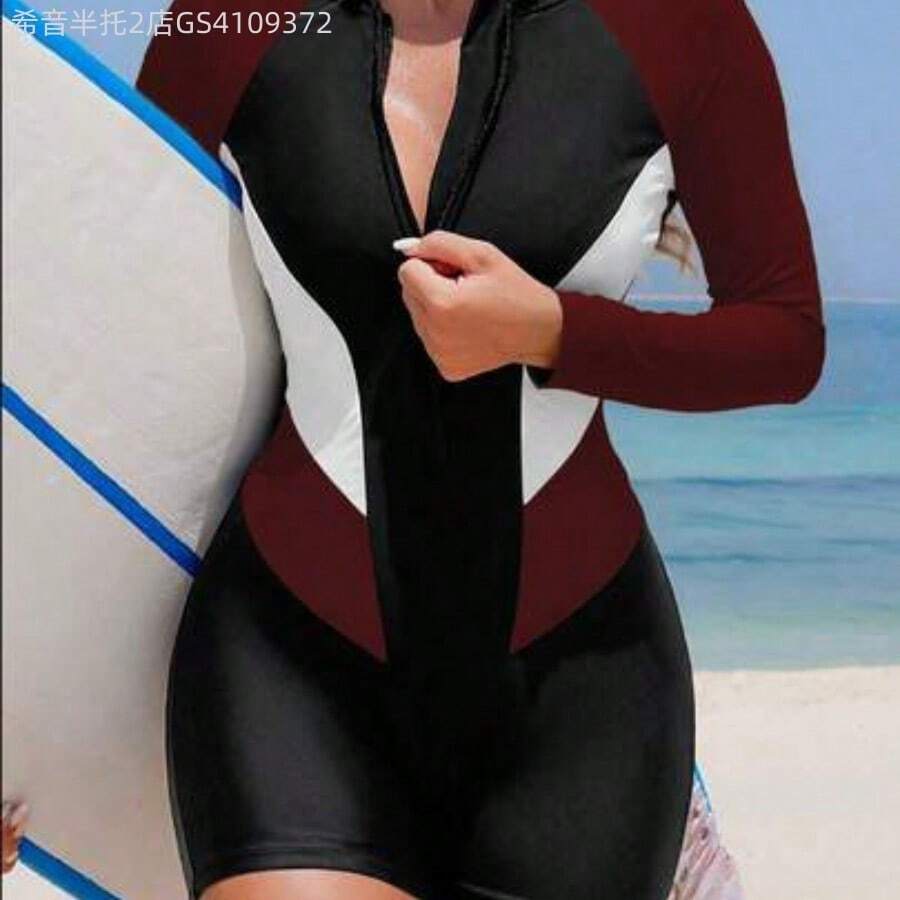 Soqi Women's Clothing 1 pieza Traje de baño de una sola pieza para mujer, estilo casual vacacional en la playa con bloqueo de color, manga larga y cremallera - Burdeos - Ver 1