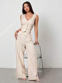 PETITE Conjunto de chaleco sin mangas con cuello abierto y pantalones informales - Gris Claro - Ver 11