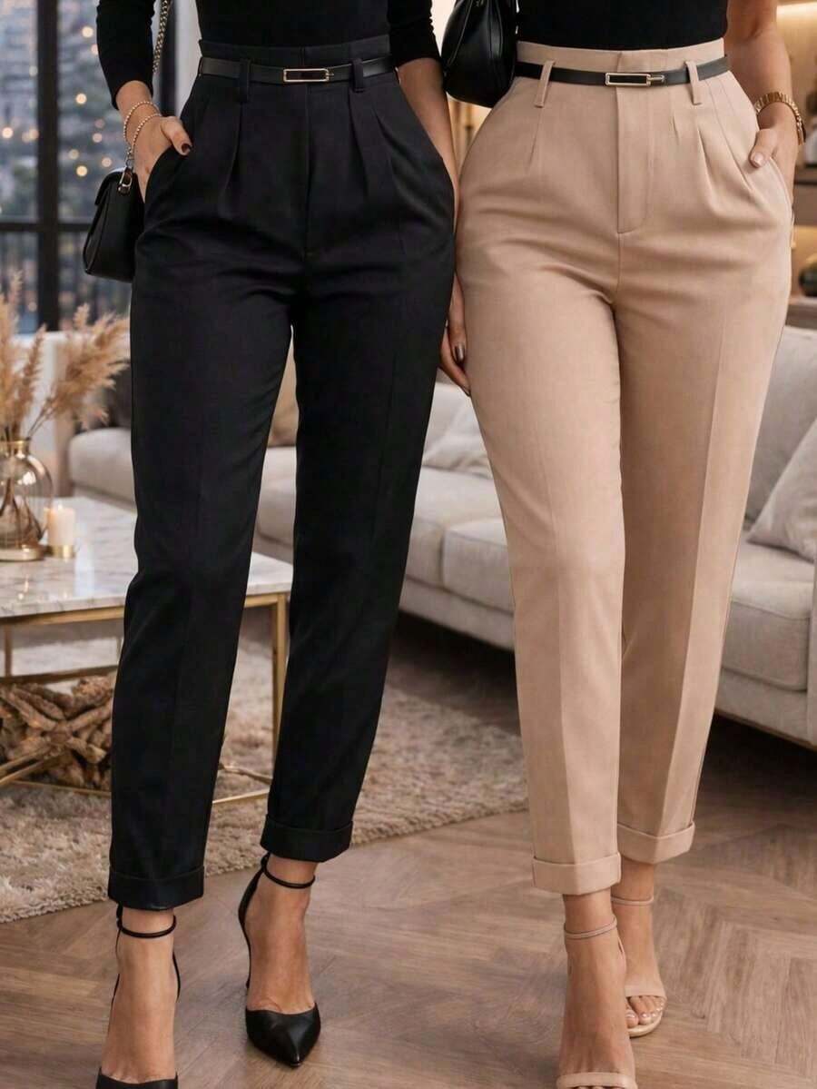 Set Of 2 Women's Tailored Dress Pants With Belt - Summer 2027 - 黑色/米色 - 查看 1