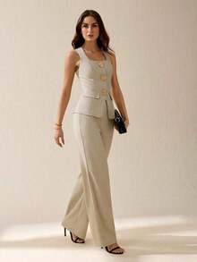 Tall Conjunto de 2 piezas de chaleco y pantalones de unicolor elegante para commuter for mujeres - Caqui - Ver 7