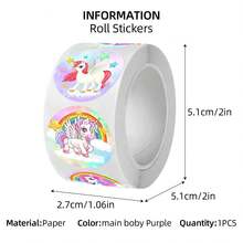 500pcs/Roll Purple Dreamy Unicorn Doodle Stickers, 1 Inch Round, Suitable For Girl's Heart Planner DIY Decoration, Handmade, First Day Of School - Multicolor - View 7