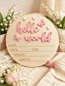 1pc Newborn Photography Props "HELLO WORLD" Baby Birth Announcement Sign, Wooden Baby Name Announcement Plaque, Baby Shower Easter Gifts, Girls/Boys - Multicolor - View 3