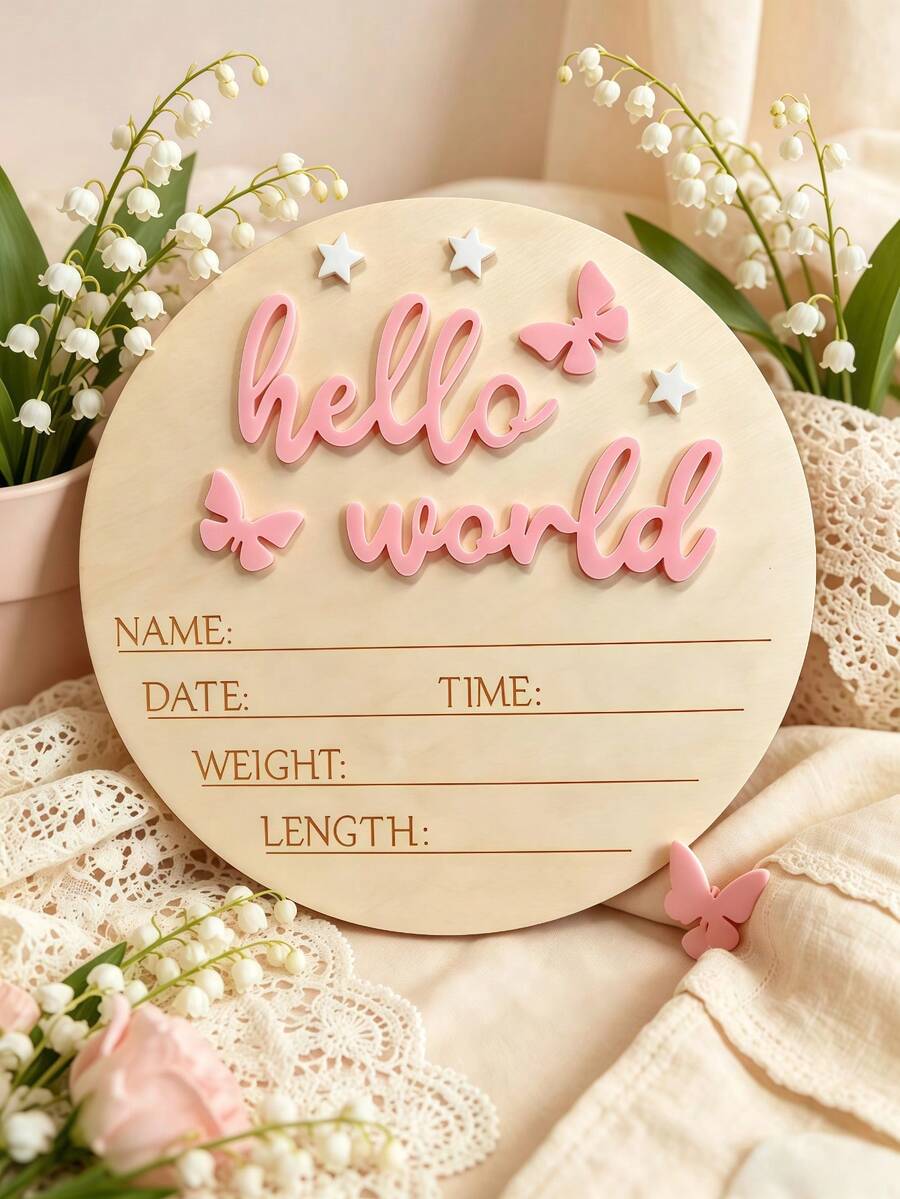 1件新生兒攝影道具「HELLO WORLD」嬰兒出生公告牌，木製嬰兒姓名公告牌，嬰兒洗禮復活節禮物，女嬰/男嬰適用
