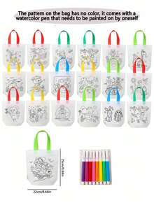 1 Set Random DIY Coloring Non-Woven Fabric Graffiti Bag, Includes 8 Watercolor Pens, Hand-Painted Double-Sided Waterproof Bag, Durable Packaging Bag, Suitable For Birthday Party Themes, Holiday Events, Games, Gifts, Gift Wrapping - View 2