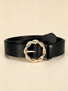1pc Women's New Twisted Gold Round Buckle Belt, Fashion Versatile Daily Wear Accessory - Coffee Brown - View 4