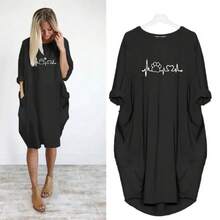 Vestido holgado de manga larga para mujer, vestido de talla grande para otoño e invierno, informal, con cuello redondo, Color sólido, manga larga, bolsillo, Jersey holgado - Negro - Ver 3