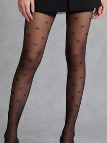 1 par Meia-calça Transparente com Estampa de Laço, Moda Feminina Streetwear, Verão Fina e Skinny - Preto - Visão 3